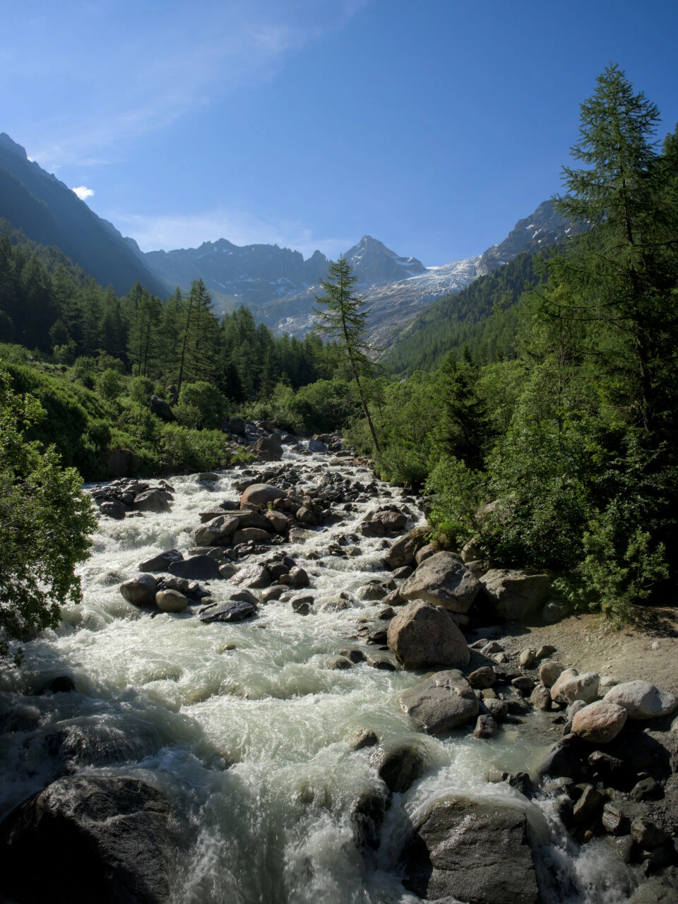 Glacial torrent in the Val d'Arpette, water rushing between boulders