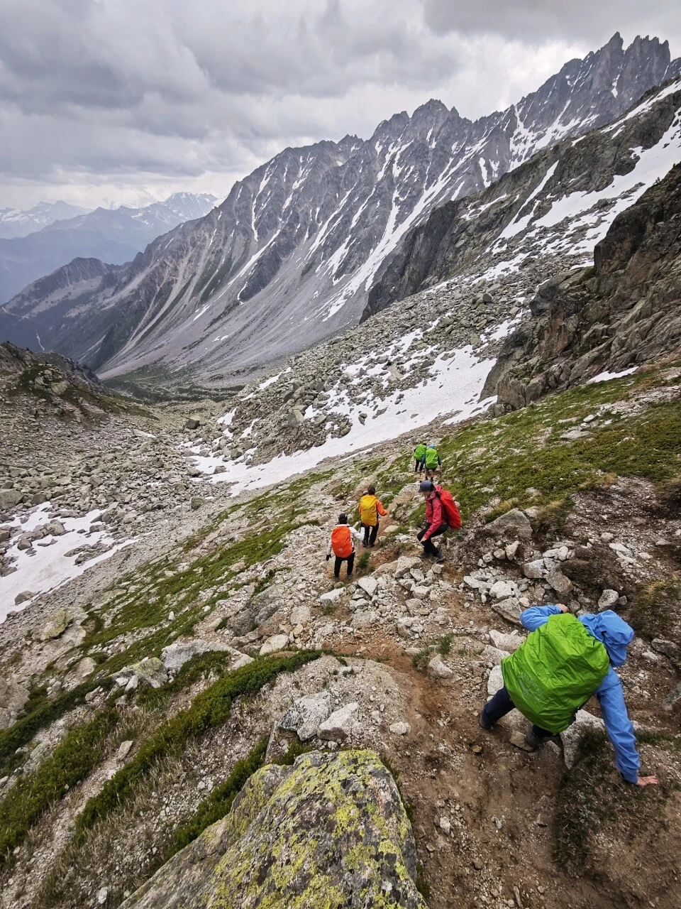 Climbing through scree below the Fenêtre d'Arpette, the most committing passage on the TMB