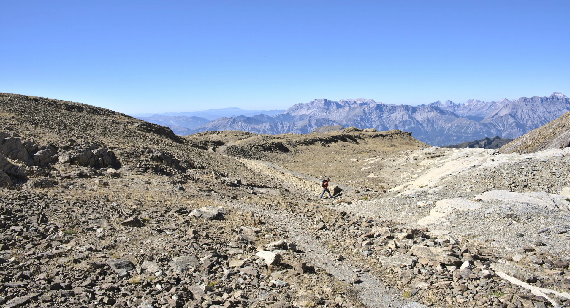 Stony track through the scree on the upper part of Vieux Chaillol