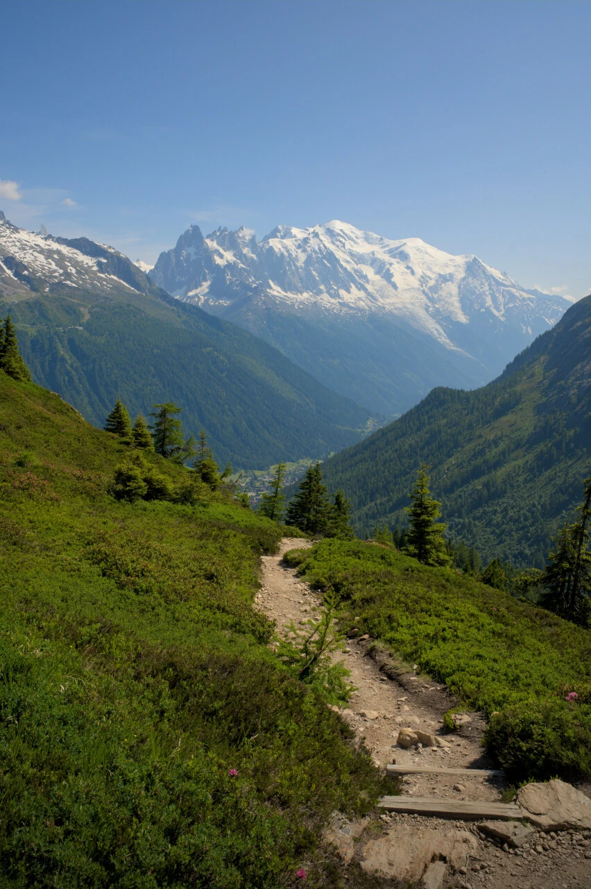 Steps on the balcony trail facing the Chamonix Aiguilles